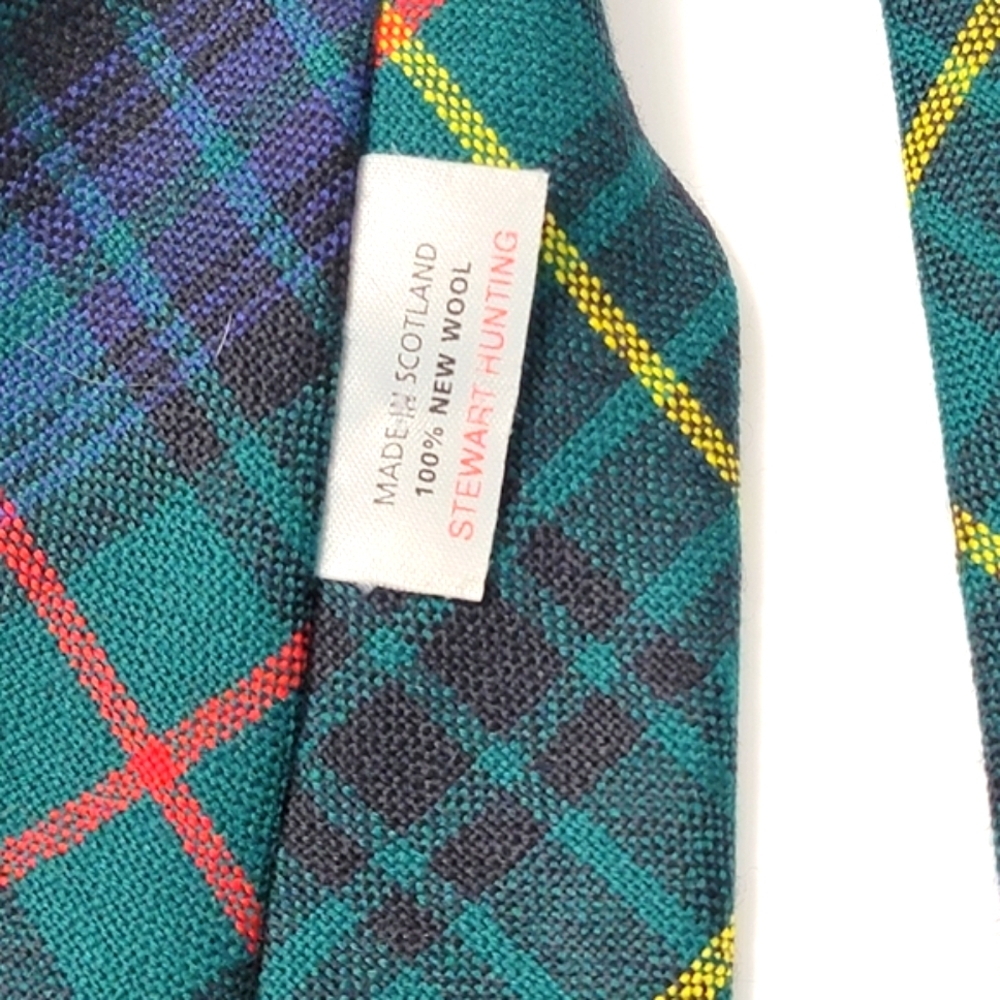 Vintage Wool Stewart Hunting Scottish Green Blue Tartan Plaid Tie - Picture 4 of 4
